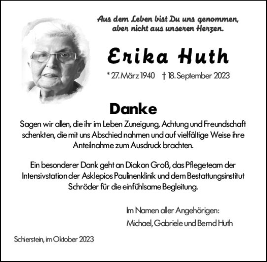 Traueranzeige von Erika Huth von Wiesbadener Kurier