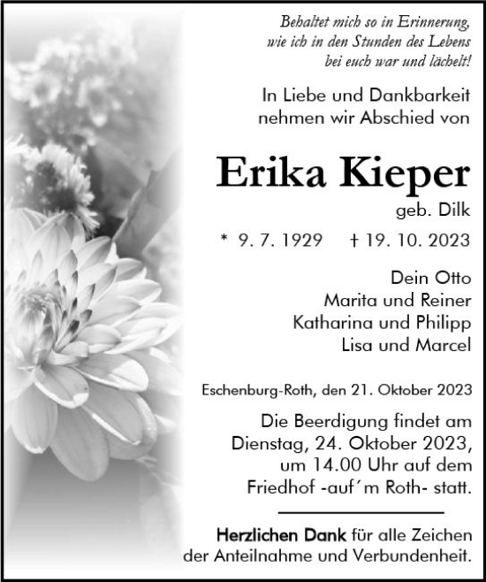 Traueranzeige von Erika Kieper von Dill Block