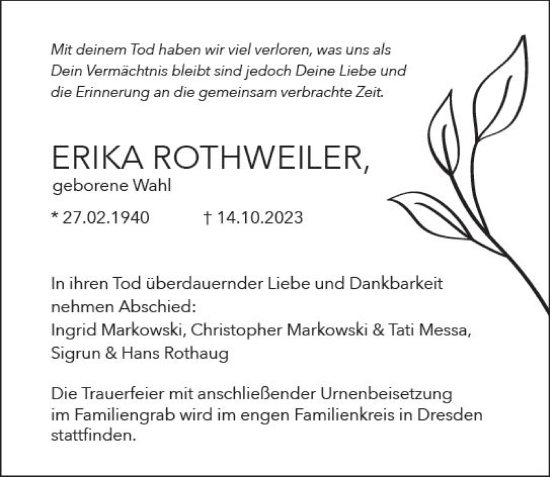 Traueranzeige von Erika Rothweiler von Darmstädter Echo