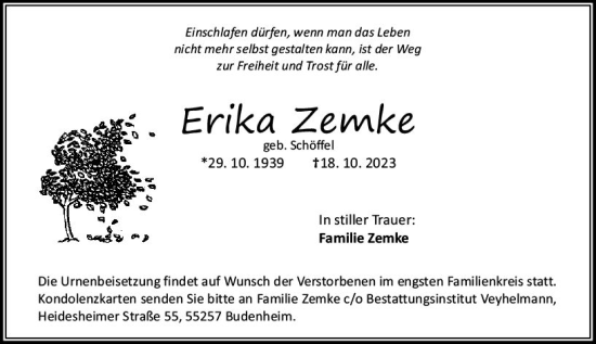 Traueranzeige von Erika Zemke von Allgemeine Zeitung Mainz