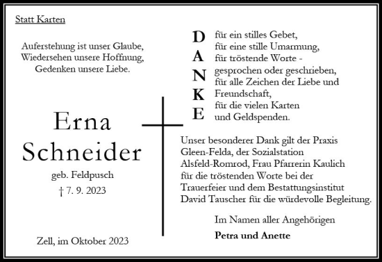Traueranzeige von Erna Schneider von Oberhessen Kurier