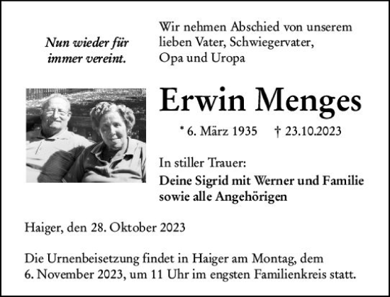 Traueranzeige von Erwin Menges von Dill Block