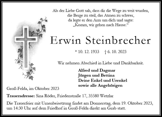Traueranzeige von Erwin Steinbrecher von Oberhessen Kurier
