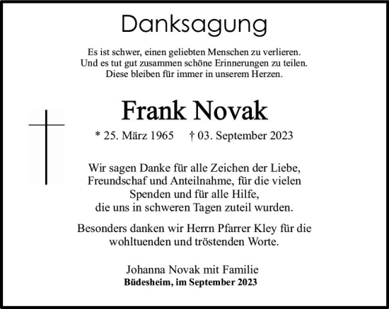 Traueranzeige von Frank Novak von Allgemeine Zeitung Bingen/Ingelheim