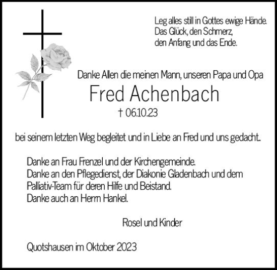 Traueranzeige von Fred Achenbach von Hinterländer Anzeiger
