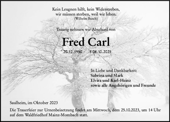 Traueranzeige von Fred Carl von Allgemeine Zeitung Mainz