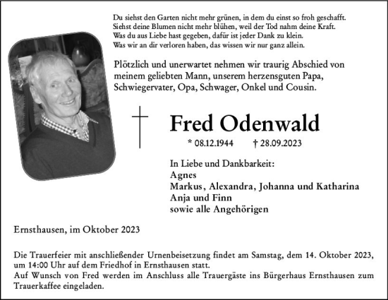 Traueranzeige von Fred Odenwald von Weilburger Tageblatt