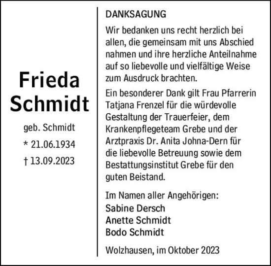 Traueranzeige von Frieda Schmidt von Hinterländer Anzeiger