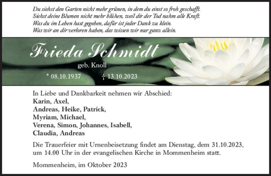 Traueranzeige von Frieda Schmidt von Allgemeine Zeitung Mainz