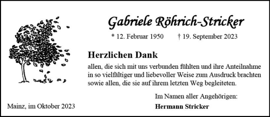 Traueranzeige von Gabriele Röhrich-Stricker von Allgemeine Zeitung Mainz