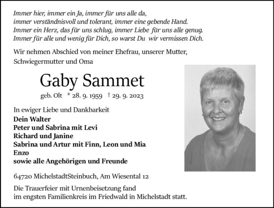 Traueranzeige von Gaby Sammet von Odenwälder Echo