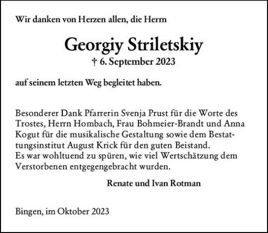 Traueranzeige von Georgiy Striletskiy von Allgemeine Zeitung Bingen/Ingelheim