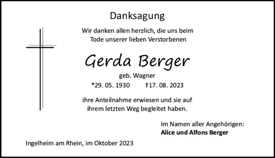 Traueranzeige von Gerda Berger von Allgemeine Zeitung Bingen/Ingelheim