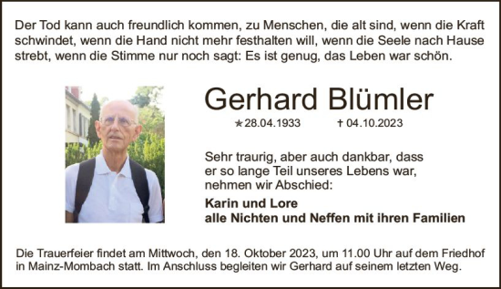 Traueranzeige von Gerhard Blümler von Allgemeine Zeitung Mainz