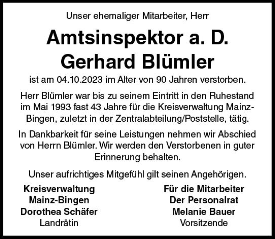 Traueranzeige von Gerhard Blümler von Allgemeine Zeitung Mainz