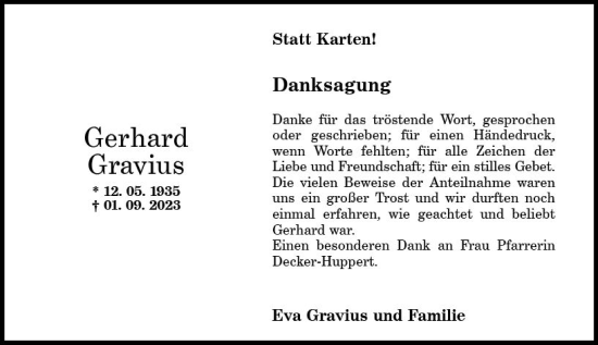 Traueranzeige von Gerhard Gravius von Allgemeine Zeitung Bad Kreuznach