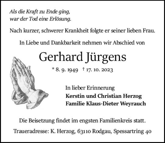 Traueranzeige von Gerhard Jürgens von Odenwälder Echo