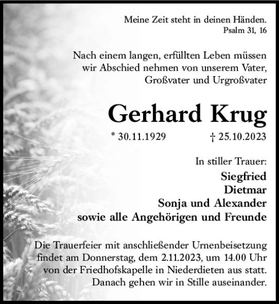 Traueranzeige von Gerhard Krug von Hinterländer Anzeiger