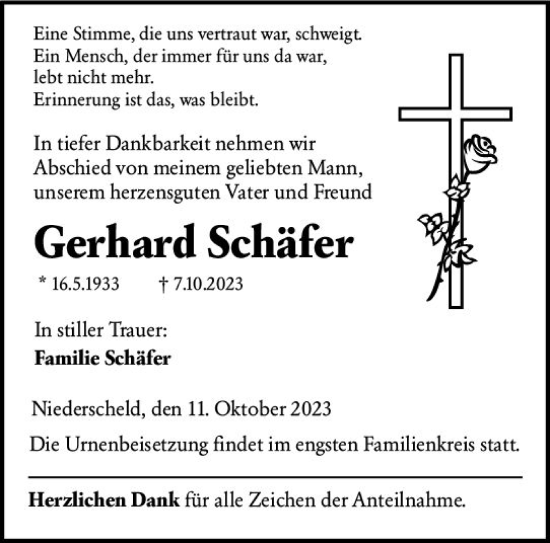 Traueranzeige von Gerhard Schäfer von Dill Block