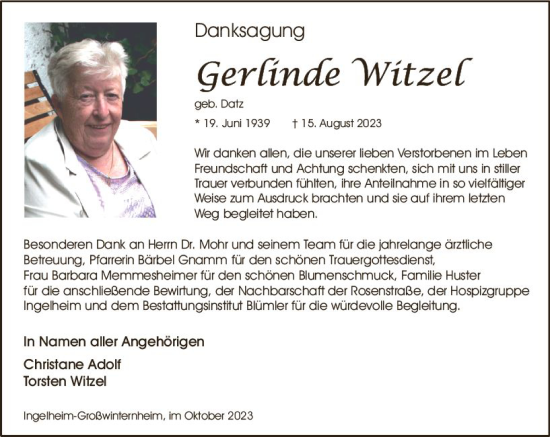 Traueranzeige von Gerlinde Witzel von Allgemeine Zeitung Bingen/Ingelheim