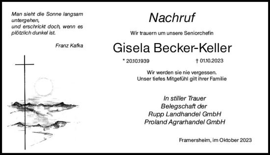 Traueranzeige von Gisela Becker-Keller von Allgemeine Zeitung Alzey