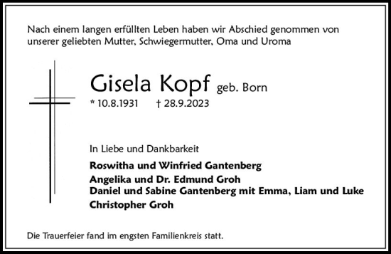 Traueranzeige von Gisela Kopf von Allgemeine Zeitung Mainz