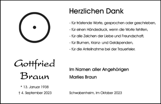 Traueranzeige von Gottfried Braun von Allgemeine Zeitung Bingen/Ingelheim