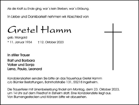 Traueranzeige von Gretel Hamm von Allgemeine Zeitung Mainz