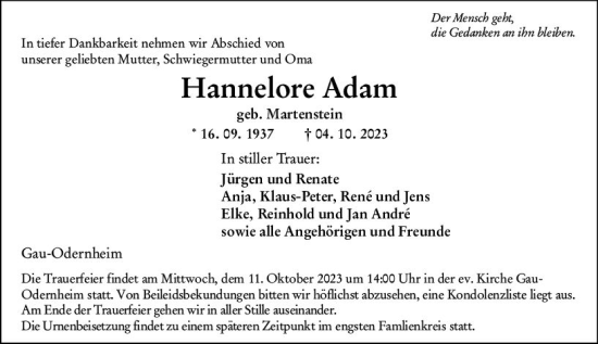 Traueranzeige von Hannelore Adam von Allgemeine Zeitung Alzey