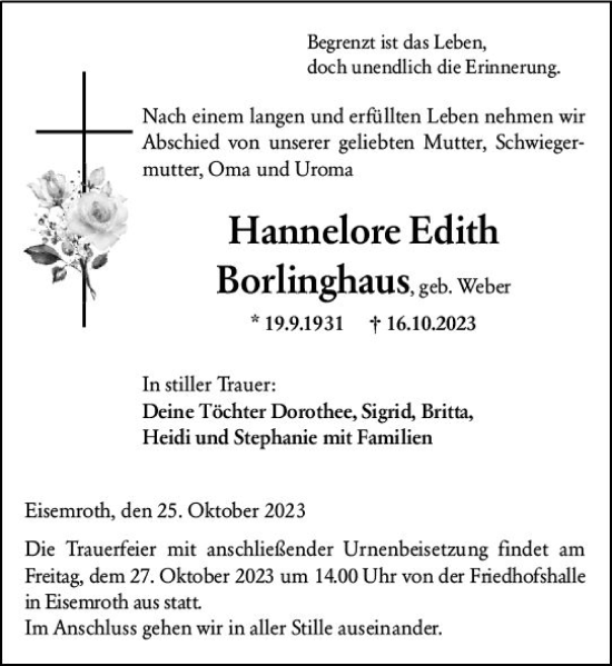 Traueranzeige von Hannelore Edith Borlinghaus von Dill Block
