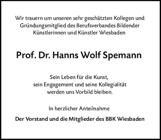 Traueranzeige von Hanns Wolf Spemann von Wiesbadener Kurier