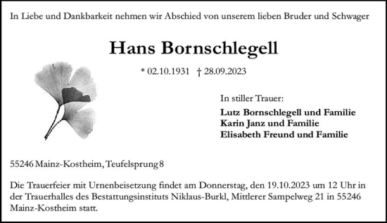 Traueranzeige von Hans Bornschlegell von Allgemeine Zeitung Mainz