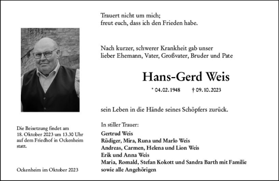 Traueranzeige von Hans-Gerd Weis von Allgemeine Zeitung Bingen/Ingelheim
