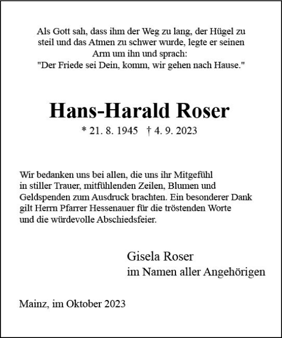 Traueranzeige von Hans-Harald Roser von Allgemeine Zeitung Mainz