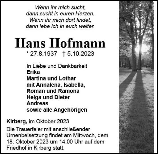 Traueranzeige von Hans Hofmann von Camberger Anzeiger