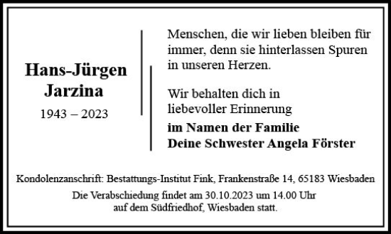Traueranzeige von Hans-Jürgen Jarzina von Wiesbadener Kurier