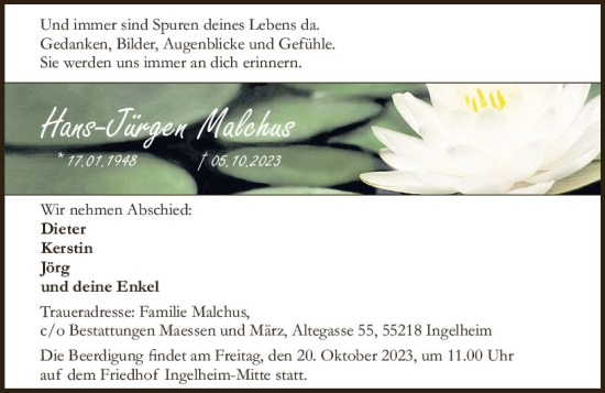 Traueranzeige von Hans-Jürgen Malchus von Allgemeine Zeitung Bingen/Ingelheim