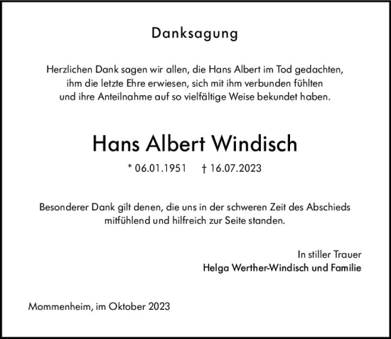 Traueranzeige von Hans Albert Windisch von Allgemeine Zeitung Mainz