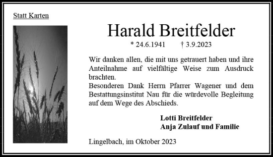 Traueranzeige von Harald Breitfelder von Oberhessen Kurier