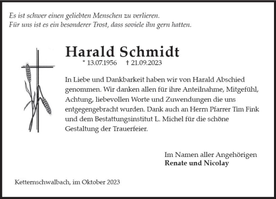 Traueranzeige von Harald Schmidt von Idsteiner Land/Untertaunus