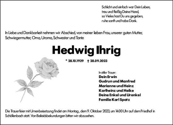 Traueranzeige von Hedwig Ihrig von Odenwälder Echo