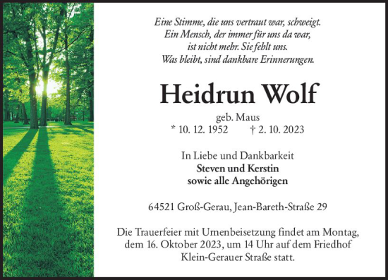 Traueranzeige von Heidrun Wolf von Groß-Gerauer Echo