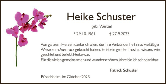 Traueranzeige von Heike Schuster von Rüsselsheimer Echo