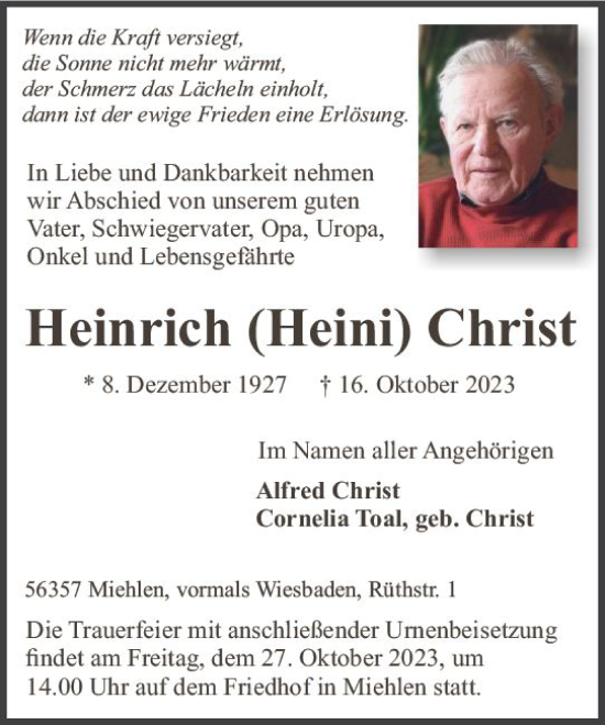 Traueranzeige von Heinrich  Christ von Wiesbadener Kurier