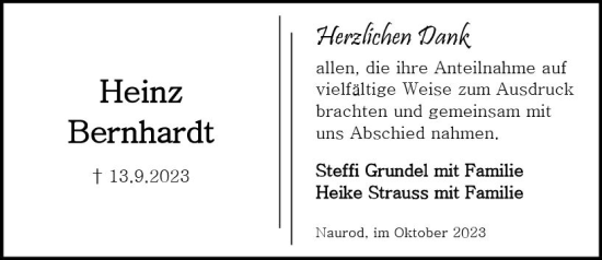 Traueranzeige von Heinz Bernhardt von Wiesbadener Kurier
