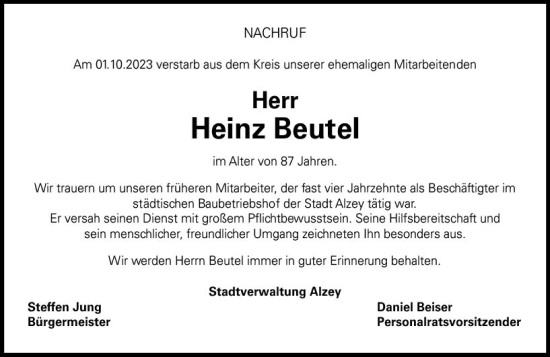 Traueranzeige von Heinz Beutel von Allgemeine Zeitung Alzey