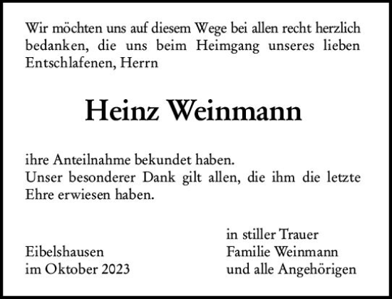 Traueranzeige von Heinz Weinmann von Dill Block