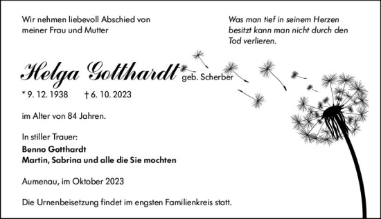 Traueranzeige von Helga Gotthardt von Weilburger Tageblatt