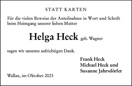 Traueranzeige von Helga Heck von Hinterländer Anzeiger