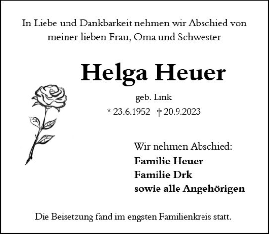 Traueranzeige von Helga Heuer von Allgemeine Zeitung Mainz